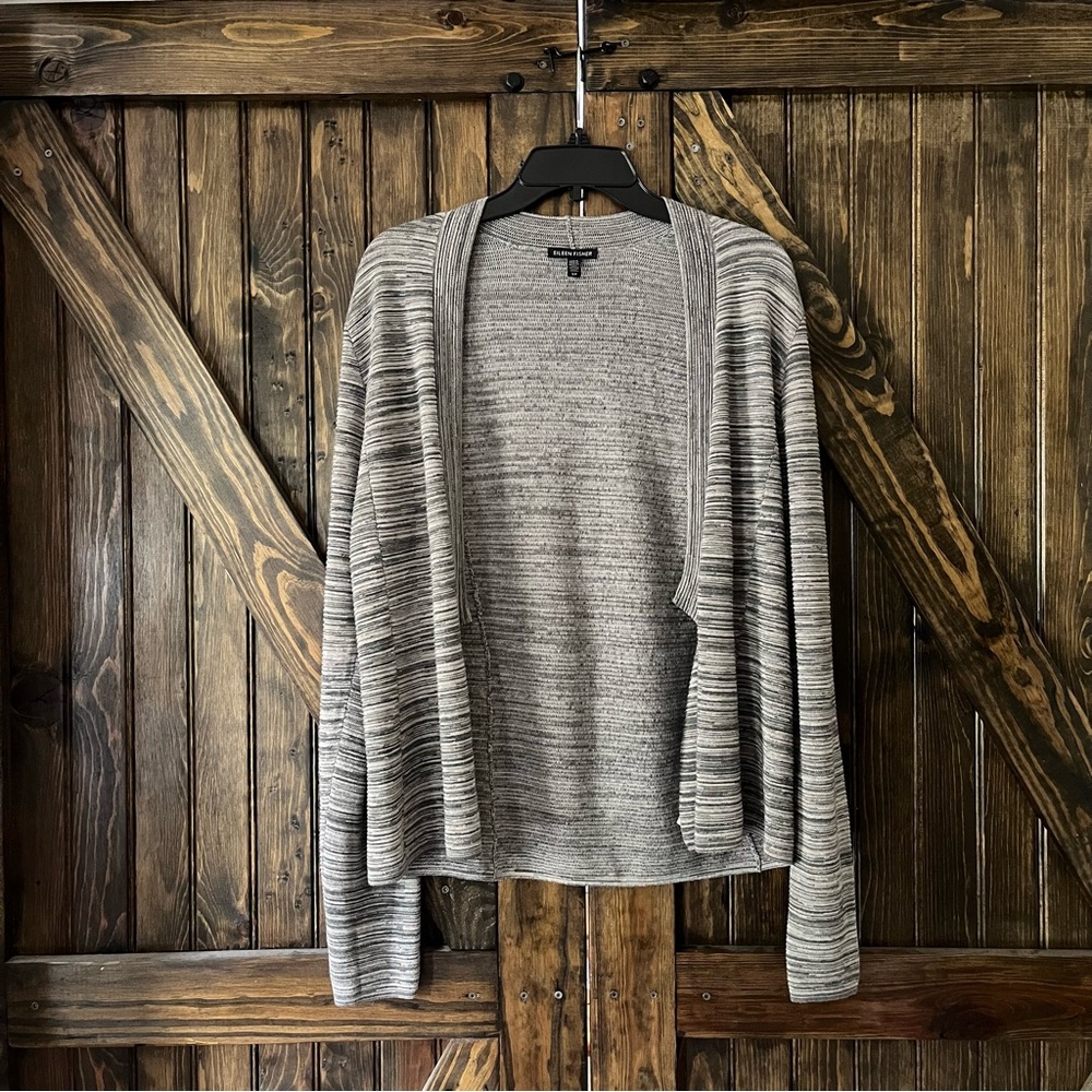 Eileen Fisher Open Knit Cardigan Waterfall Drape size Small Gray Stripe‎